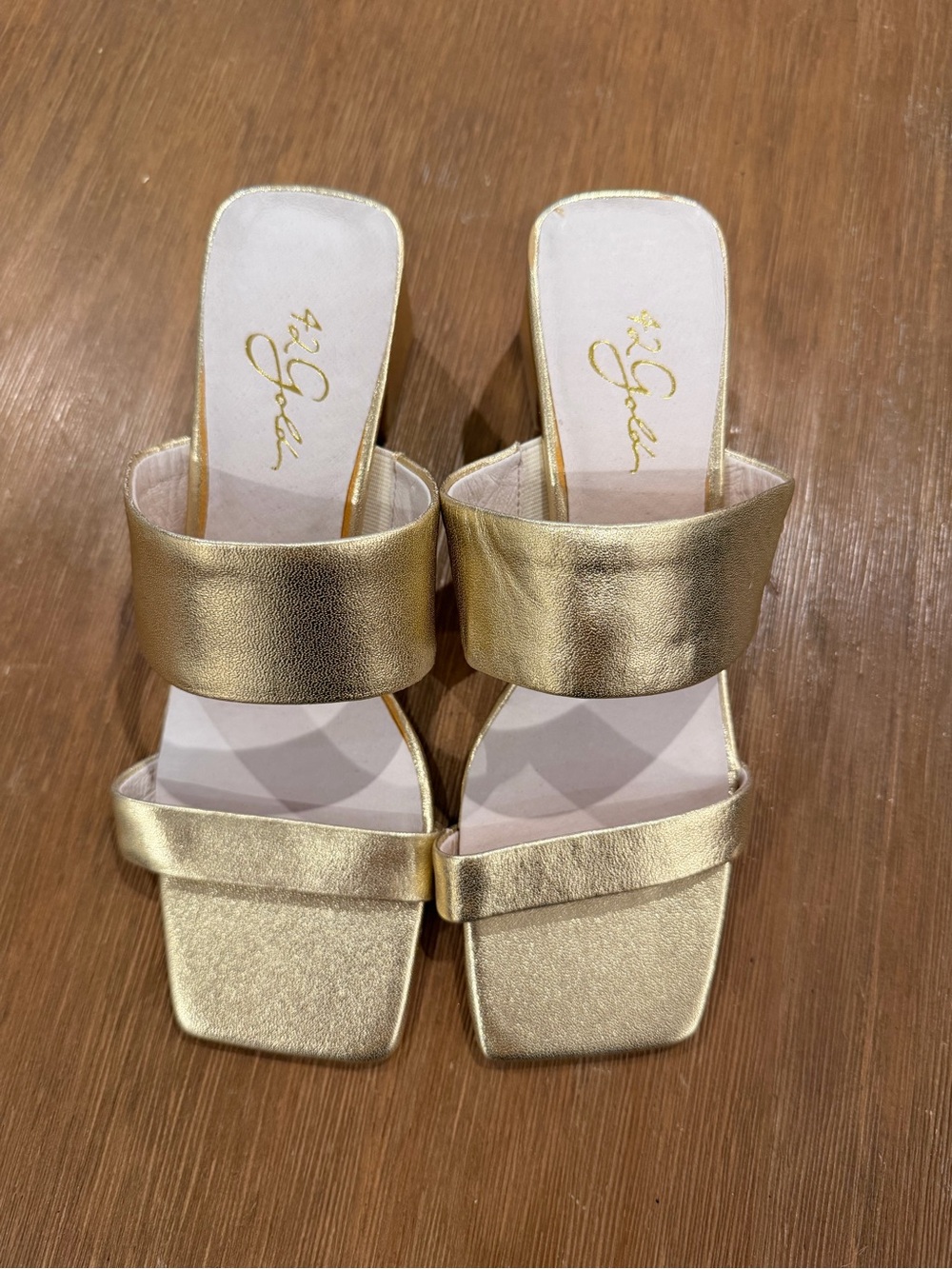 42 GOLD Metallic Gold Double-Strap Square-Toe Slide Heels